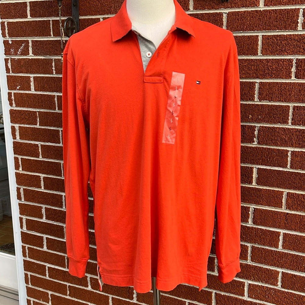 *NWT* Tommy Hilfiger Orange Long Sleeve Polo Logo on Chest Men's Large - Picture 2 of 13